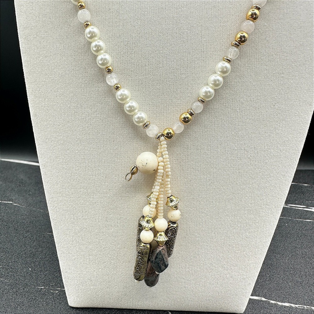 Vintage LR Faux Pearl Necklace White Quartz Gold Tone Tassel Pendant Boho